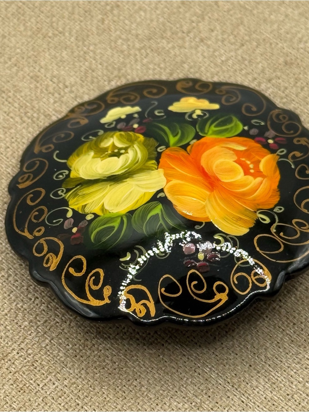 Russian Black Floral Brooch with Orange & Yellow Hand-Painted Roses